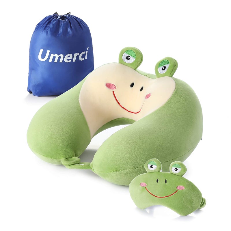 Umerci Travel Pillow, Memory Foam Neck Pillow with 360-Degree Head Support Comfortable Airplane Pillow with Storage Bag Lightweight Traveling Pillow for Sleeping, Car, Train, Bus and Home Use (Frog) - Image 1